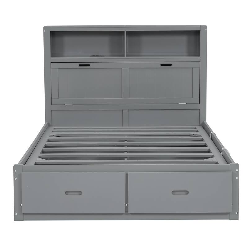 Queen Size Hydraulic Platform Bed with Storage, LED Headboard, Charging Station, and Drawers, Gray