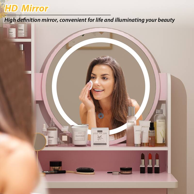 31.5'' W Makeup Vanity Set with Stool and Mirror LED Light Dressr