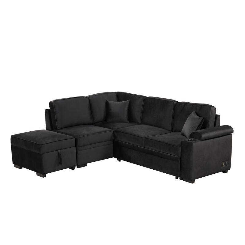 Sleeper Sofa Bed with Storage Ottoman, 2 in 1 Convertible Sectional Sofa Couch, Velvet 4-Seater Sofa with Cup Holder