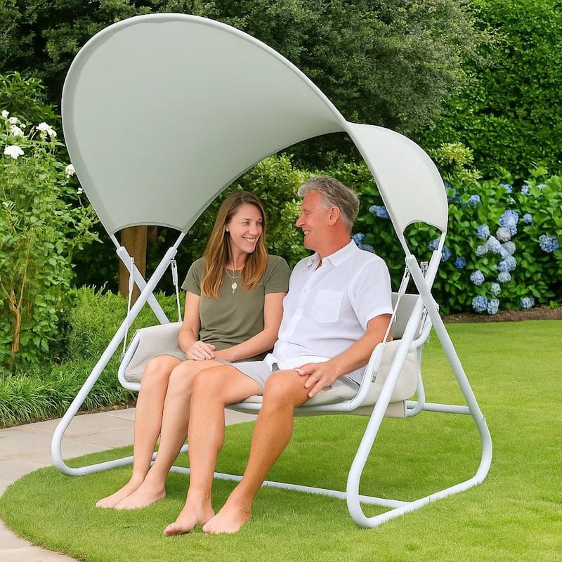 Diz Outdoor Hanging Double Swing Sofa Chair, White Powder Coated Steel