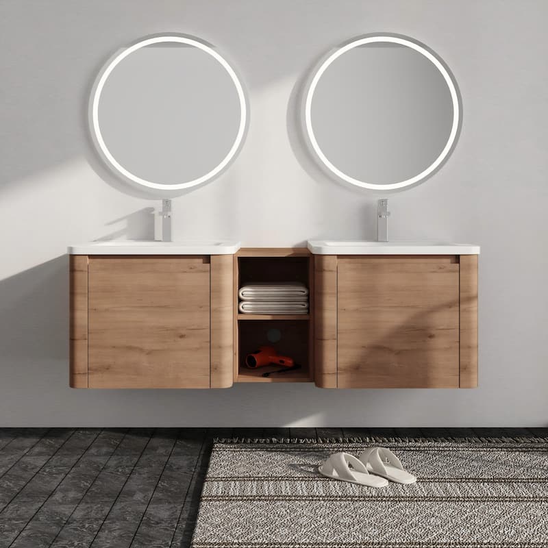 Malwee 24"/36"/48"/60" Floating Bathroom Vanity, Wall Mounted Bathroom Vanity with Ceramic Sink,Soft Close Door and Shelf - 59.8"×18.8"×20.0"