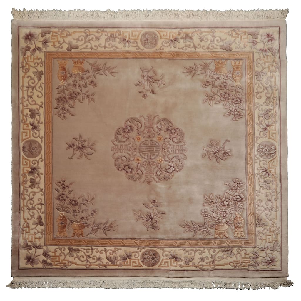 8'6''x8'6'' Round Hand Knotted Wool Taupe Aubusson Savonnerie Pile Rug - 8' 6'' x 8' 6''-Square