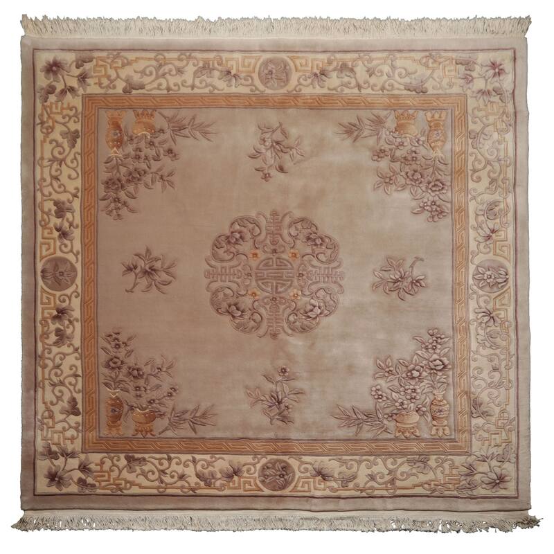8'6''x8'6'' Round Hand Knotted Wool Taupe Aubusson Savonnerie Pile Rug - 8' 6'' x 8' 6''-Square - 8' 6'' x 8' 6''-Square