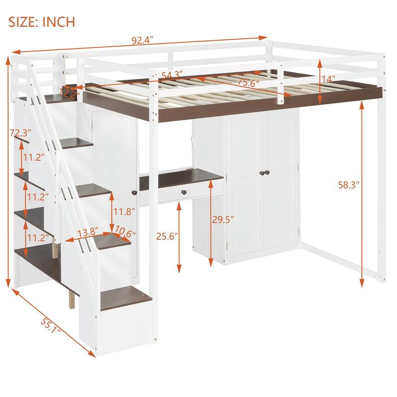 Full Size Loft Bed with Storage Staircase, Built-In Dressing Table, USB Ports & Lights by Harper&Bright Designs