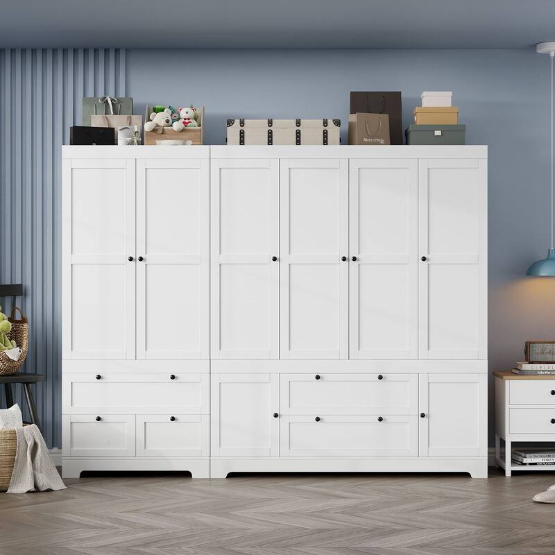 Gyomojoy Large White Wardrobe Closet with Drawers & Doors, Modular Armoire with Hanging Rods, Apartment & Dorm Storage