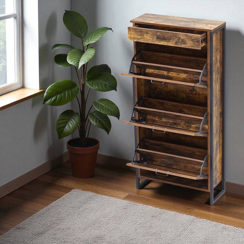 25.6" Slim Shoe Storage Cabinet with 3 Flip Drawers and 1 Drawer, Freestanding Entryway Shoe Organizer for Small Spaces