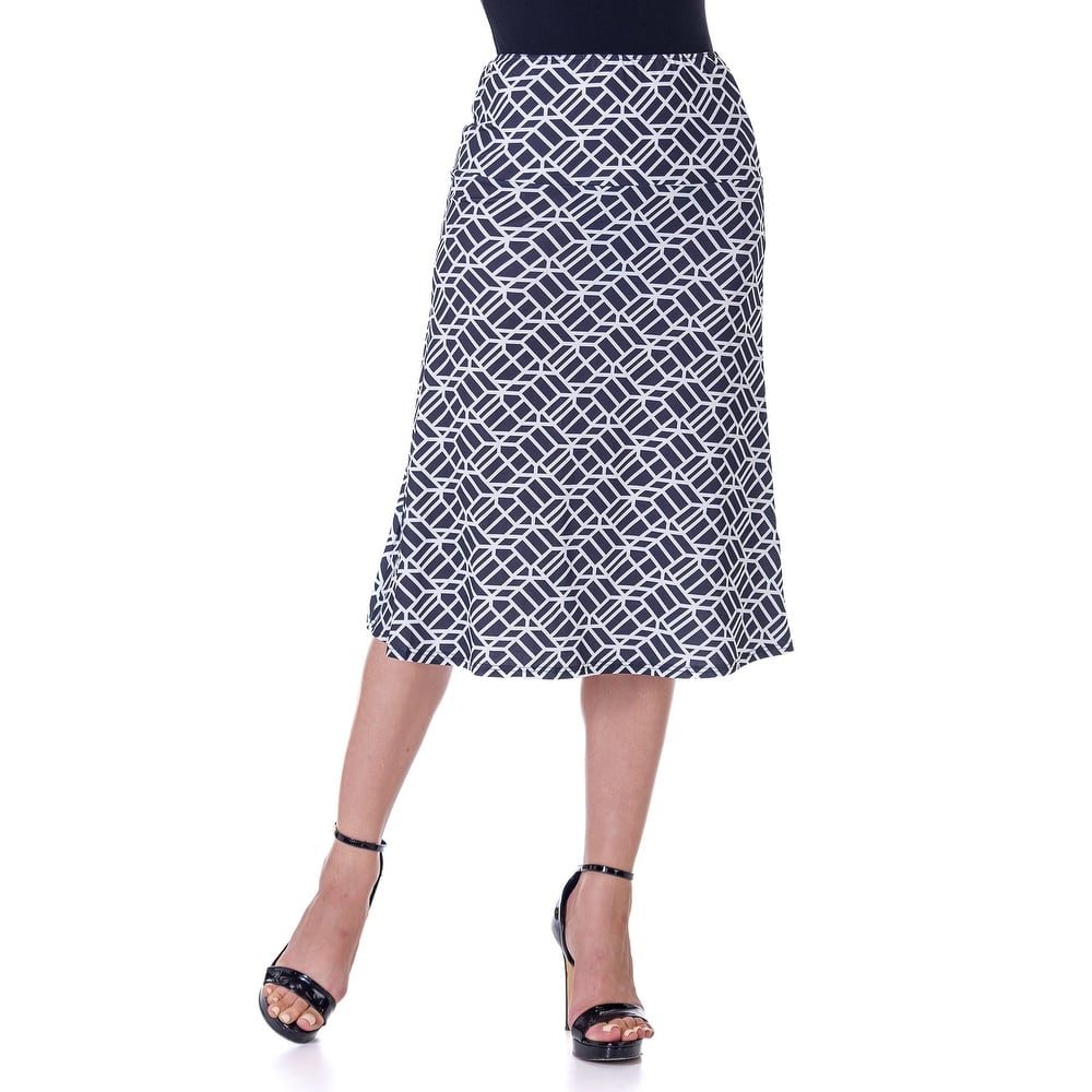 24seven Comfort Apparel Black Geometric Print Comfortable Elastic Waist Knee Length Skirt