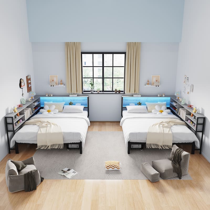 Full Corner Daybed with Storage, Bookcase Headboard, LED Light & Built-in Charging Station