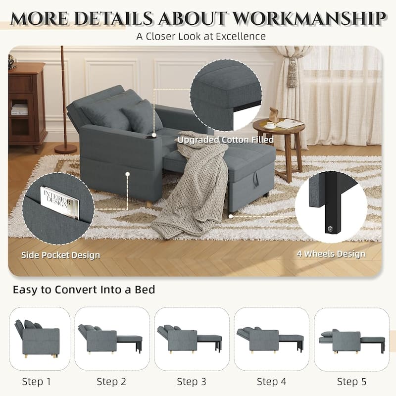 AECOJOY Sleeper Chair Extra Wide Convertible Chair Bed 3-in-1 Pull Out Single Sofa