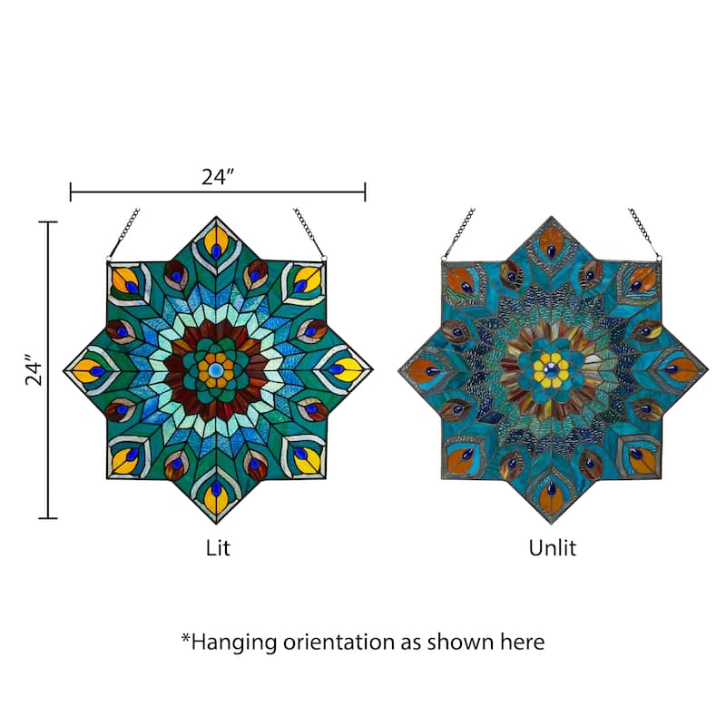 River of Goods 24-inch Tiffany-style Stained Glass Peacock Star Window Panel - 24"L x 0.25"W x 24"H