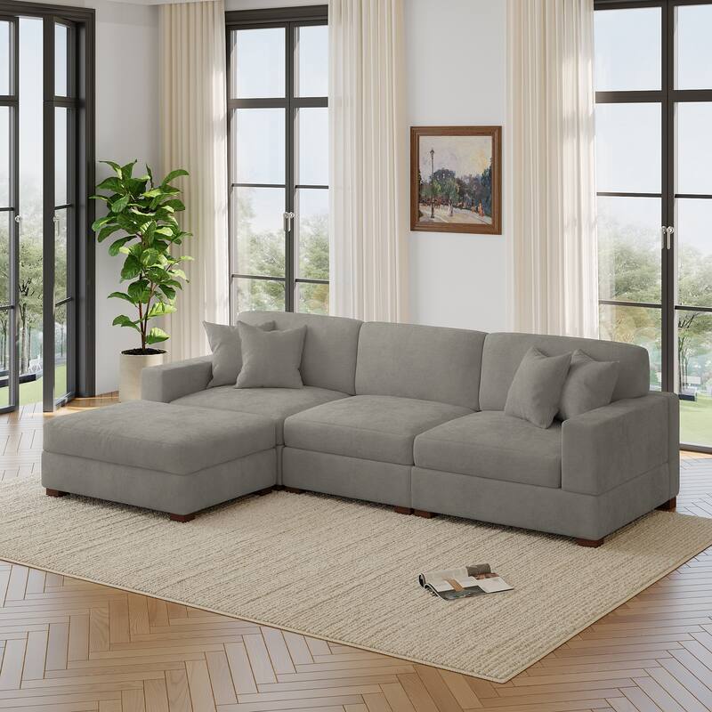 Modern Oversized Chenille Modular Sectional Sofa with Ottoman - Grey-4 Piece