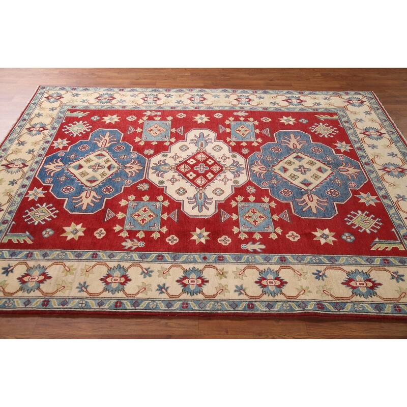 Traditional Kazak Area Rug Hand-Knotted Red Wool Carpet - 5'8" x 7'9"