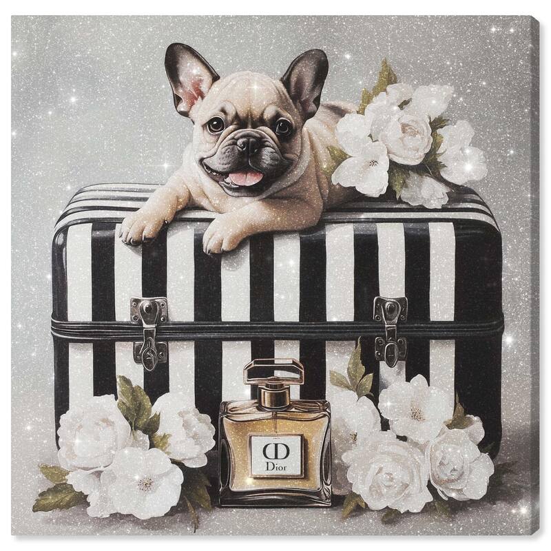 Frenchie Luggage Flowers Canvas by Art Remedy, Gallery Wrapped - 24" x 24"