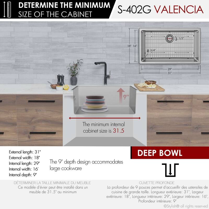 STYLISH Dual-Mount 31" Single-Bowl Stainless Steel Kitchen Sink with Grid and Strainer - 31" x 18" x 9"