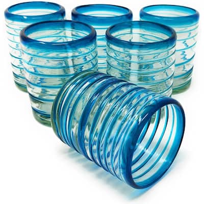 Dos Sueños Hand Blown Mexican Drinking Glasses - Set of 6 Tumbler Glasses with an Aqua Spiral Design (10 oz each)