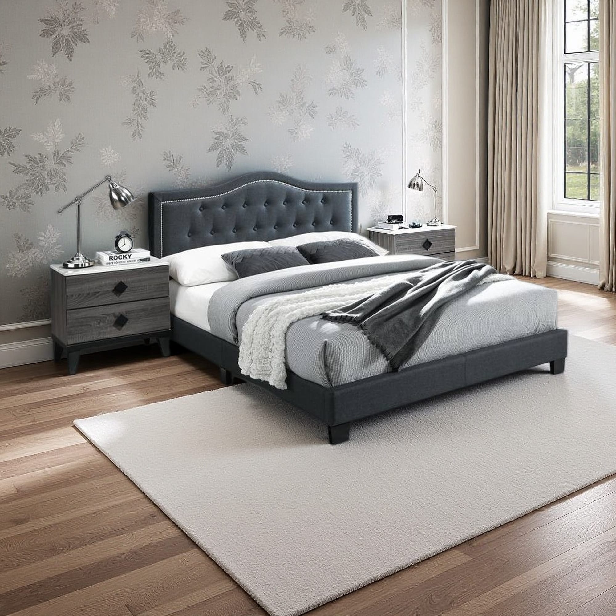 Upholstered Platform Bed with Button Tufted Headboard and European Style