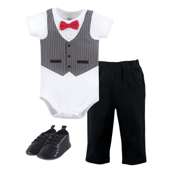 slide 1 of 1, Little Treasure Baby Boy Cotton Bodysuit, Pant and Shoe 3pc Set, Gentleman Vest 0-3 Months - Gentleman Vest