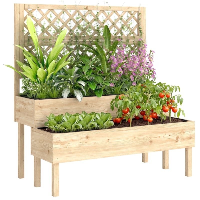 Outsunny 2-Tier Raised Garden Bed with Trellis, Wooden Elevated Planter Box with Drainage Gaps, Liners - Mini