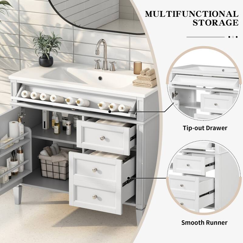 Modern Storage Cabinet Bathroom Vanity with Resin Sink, Tip-out Drawer, 2 Drawers, Side Door Organizer and Adjustable Shelf