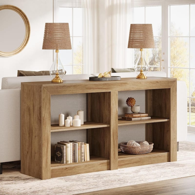 59-Inch Farmhouse Console Table, 3-Tier Entryway Table with Storage - Lignt Brown - MDF