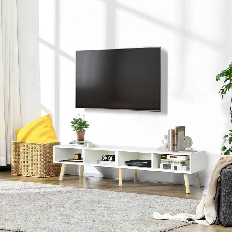 Mid Century Modern TV Stand for TVs up to 65 Inch Wood Media Console with Open Shelves and Cable Management - White