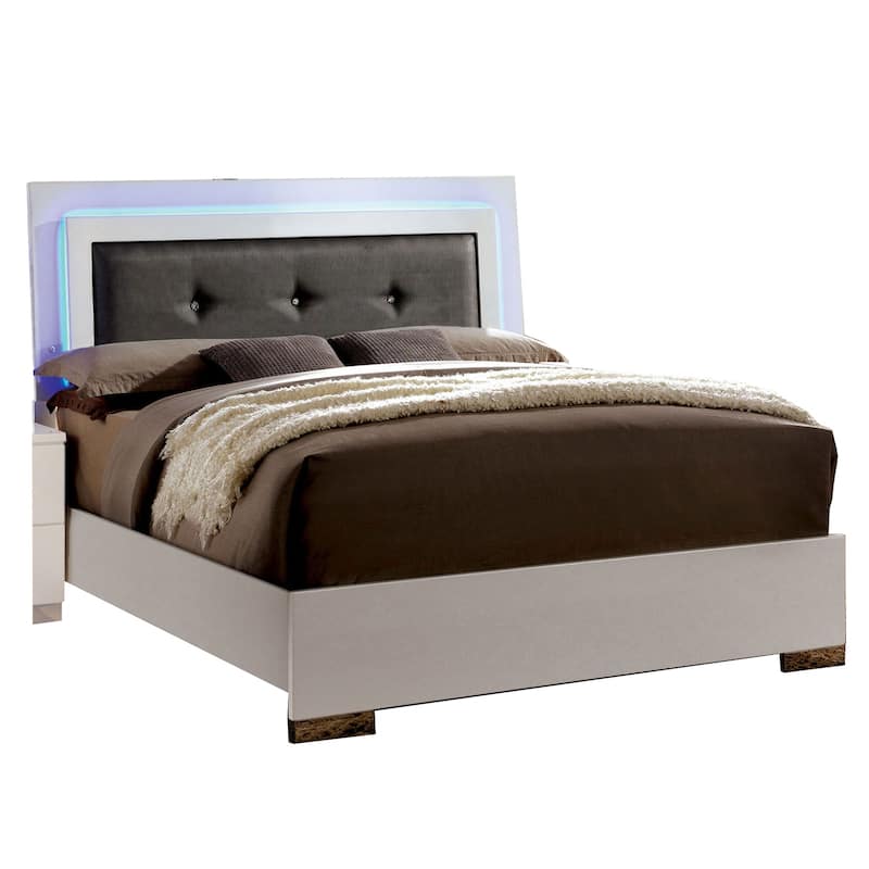 Contemporary Full Bed with LED Trim and Lacquer Coating, White and Gray