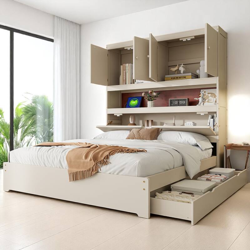 Full Size Platform Bed with Flip-Up Headboard Storage, USB Outlets, and Drawers