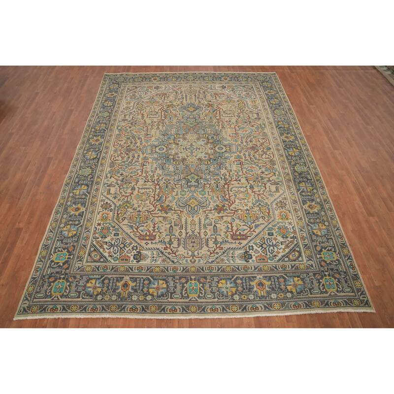 Hand Knotted Oriental 100% Wool Carpet Traditional Floral Beige & Ivories Tabriz Area Rug - 12' 8'' X 9' 5''