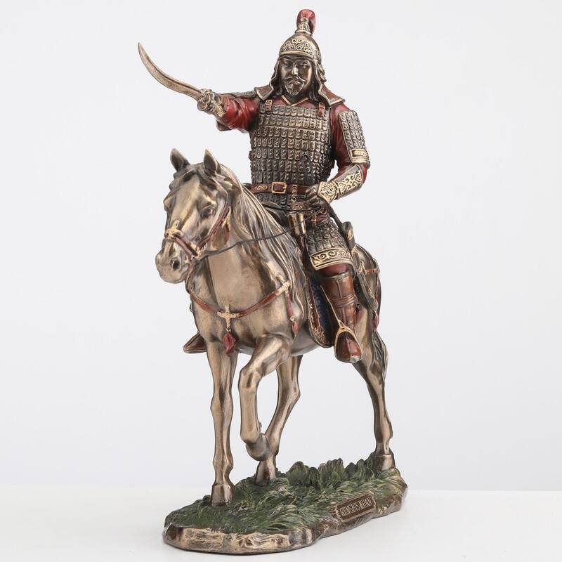 9.65 inches Width Cold Cast Bronze Genghis Khan on Horse Back Bronze Finish Figurine