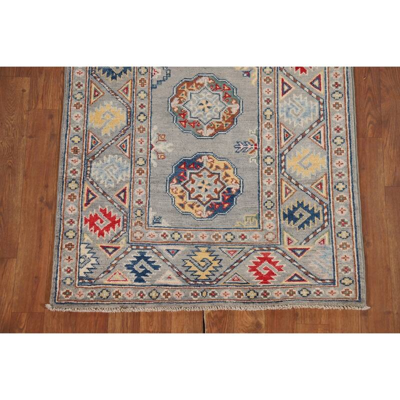 Gray Geometric Kazak Oriental Runner Rug Hand-Knotted Wool Carpet - 2'9" x 10'0"