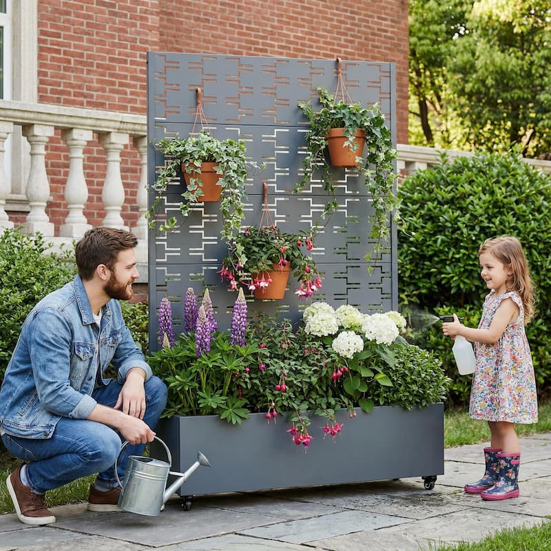 Metal Planter Box with Trellis Privacy Screen Planter Box with Lockable Wheels