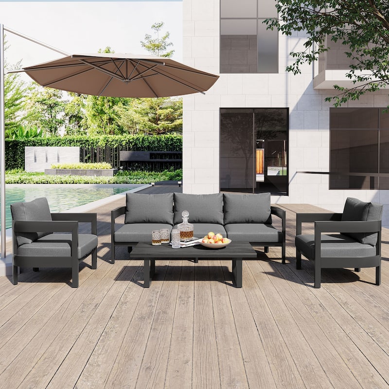 Outdoor Seating Set with Table and Thick Cushions for Lawns (Set of 4) - Gray