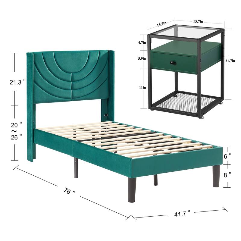 Bedroom Sets, 3-pieces Bedroom Set with Height Adjustable Upholstered Bed and Nightstands Set of 2-VECELO, 15 Style Options