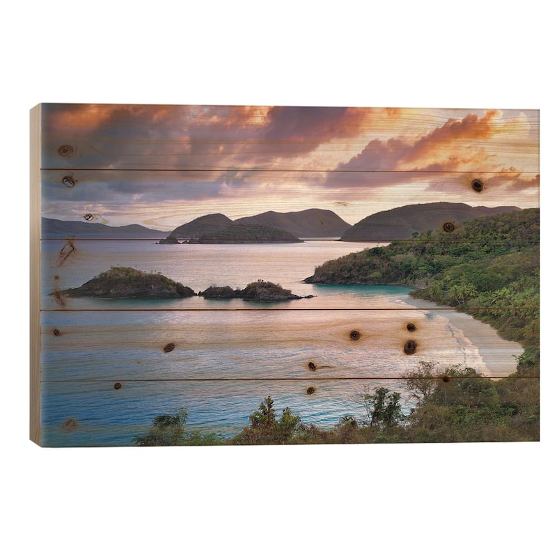 Trunk Bay Sunrise Print On Wood by Dennis Frates - Multi-Color - 18x26x1.5