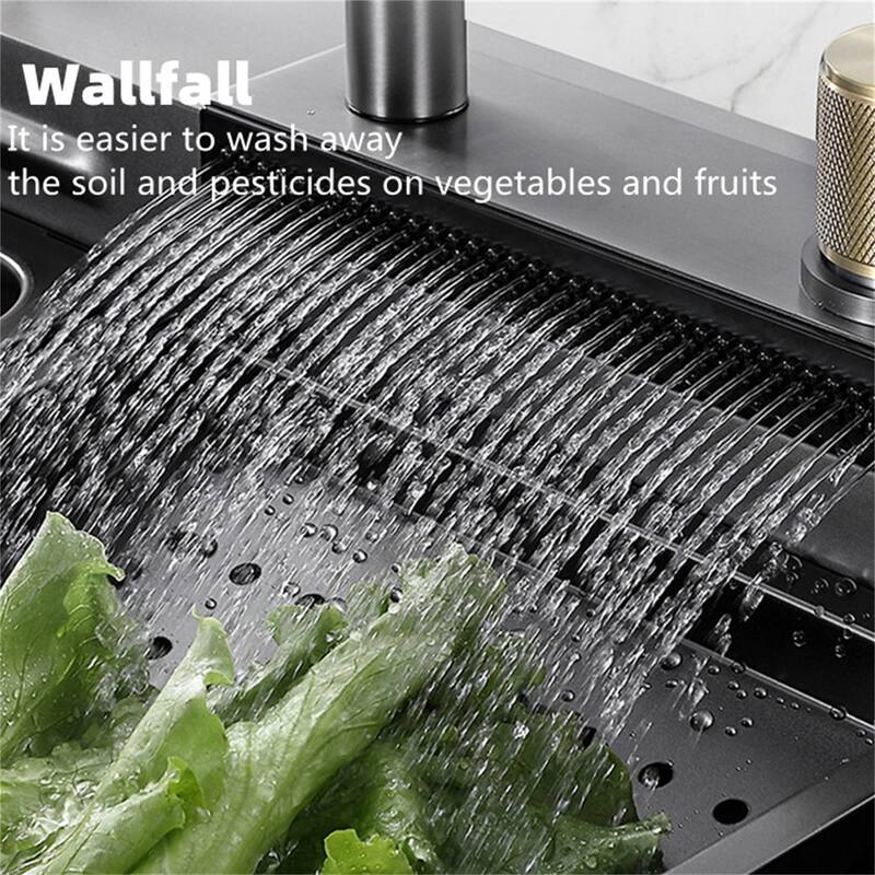 Stainless Steel Drop in Kitchen Sink Waterfall Faucet and Accessories