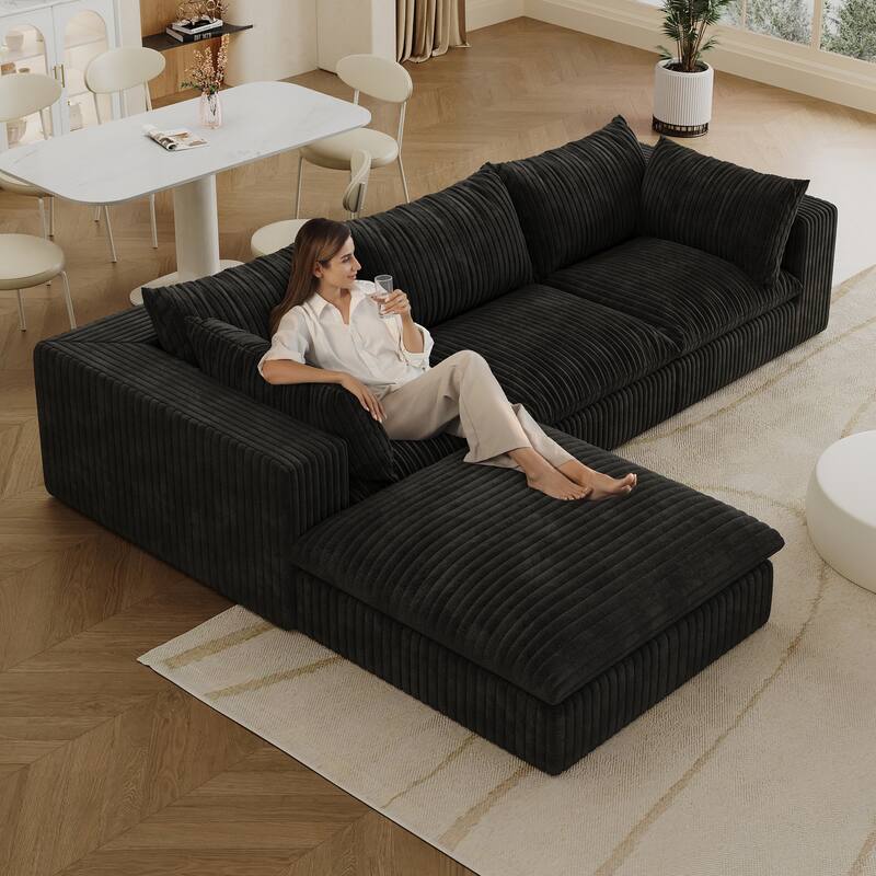 L-shaped Modular Deep Seat Couch Corduroy Chaise Sectional Sofa with Ottoman and Removable Cushions for Living Room - Black