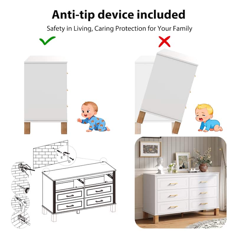 6-Drawer Double Dresser with Metal Handles & Solid Wood Legs, Kids Bedroom Storage Organizer