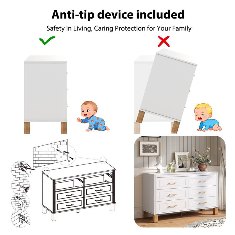 Roomfitters 6-Drawer Double Dresser, Modern Bedroom Storage Cabinet with Solid Wood Legs & Metal Handles