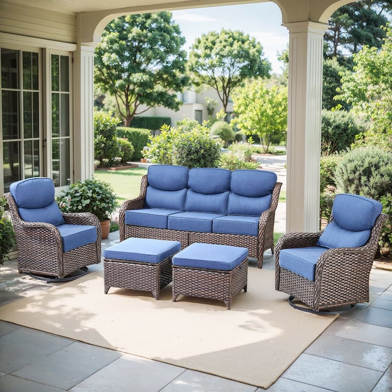 Pocassy Patio Furniture Set with Swivel Chairs, All Weather Patio Wicker - Brwon Wicker Blue Cushion - 5PCS Sofa w/ Swivel Chair Ottoman