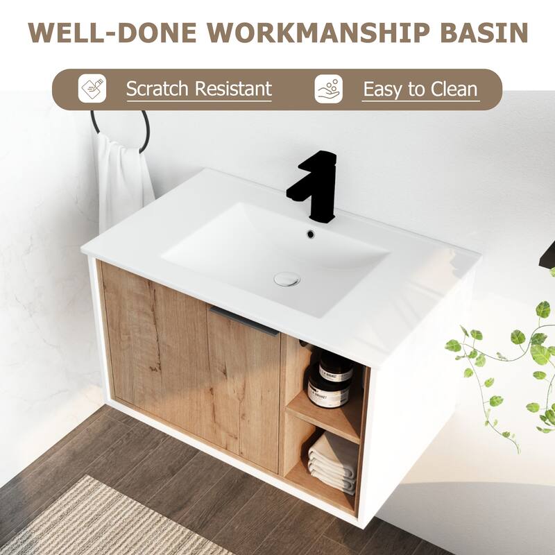 30'' Floating Wall-Mounted Bathroom Vanity with Ceramics Sink & Soft-Close Cabinet Door