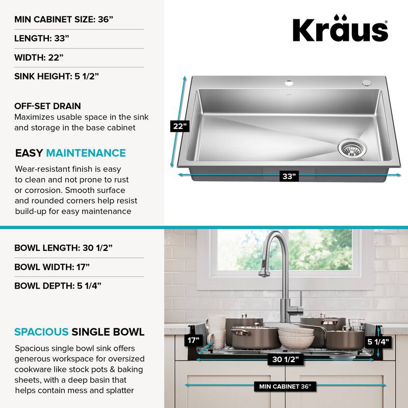 KRAUS Fairlane Drop In Top Mount 18 Gauge Stainless Steel Kitchen Sink