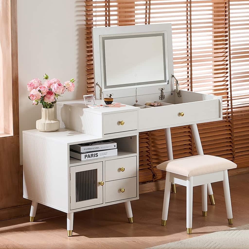 Extendable Makeup Dressing Table with Stool, 3-in-1 Makeup Vanity Desk with Flip-Top Mirror & 3-Color LED Light, White