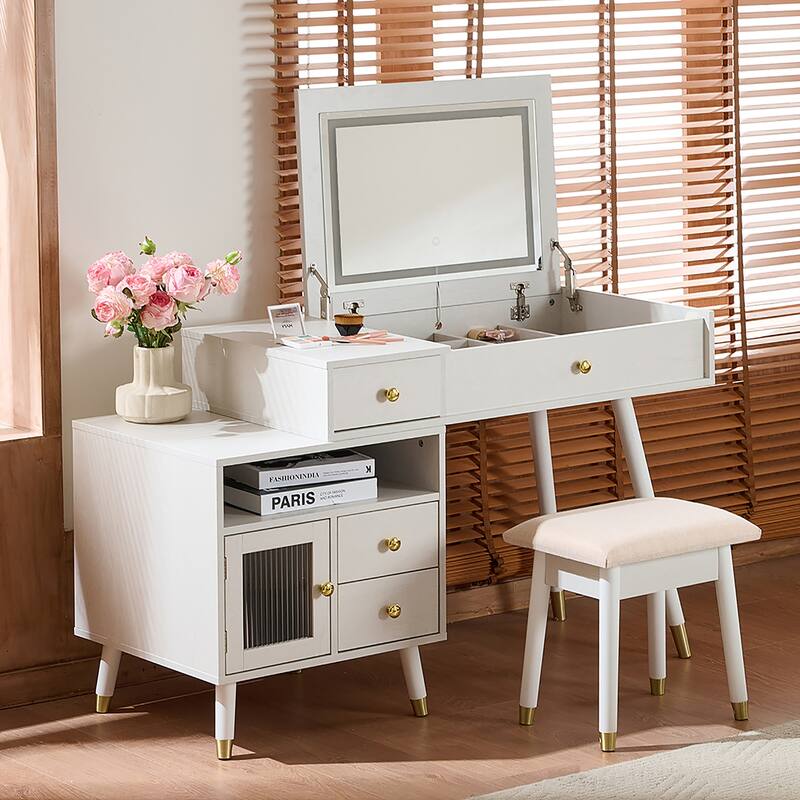 Extendable Makeup Dressing Table with Stool, 3-in-1 Makeup Vanity Desk with Flip-Top Mirror & 3-Color LED Light, White - White