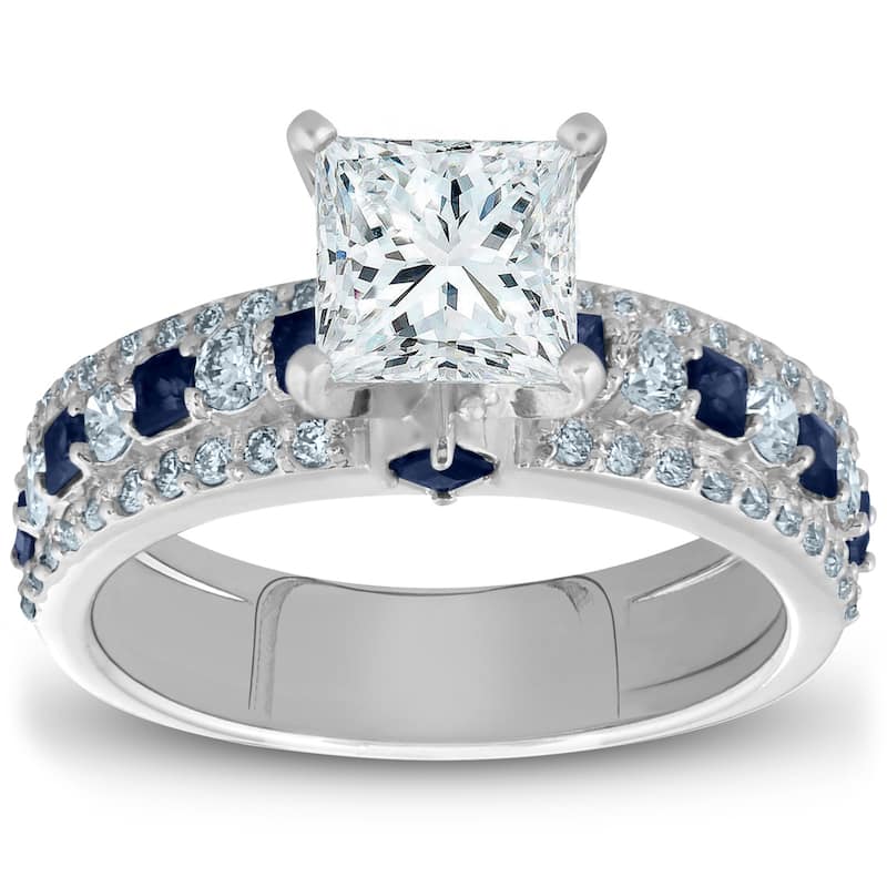 Bliss Diamond 2 3/4ct Princess Cut & Sapphire Diamond Engagement Ring White Gold Lab Grown - 5.5