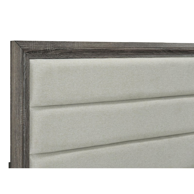 Reay King Size Bed, Oak Brown Wood, Tufted Tan Headboard Upholstery