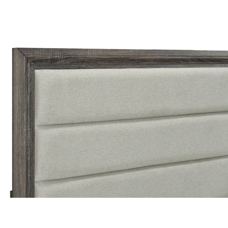Reay Queen Size Bed, Panel Headboard, Brown Wood Tufted Tan Upholstery