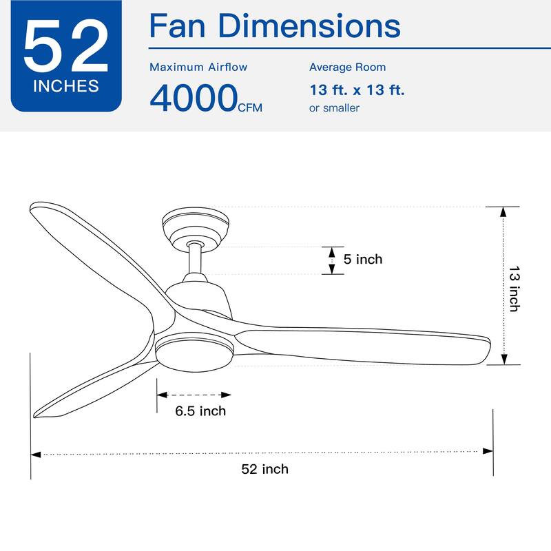52 in. Indoor Ceiling Fan with light and Remote Control, 3 Yellow Wood Grian Blades - 52 INCHES