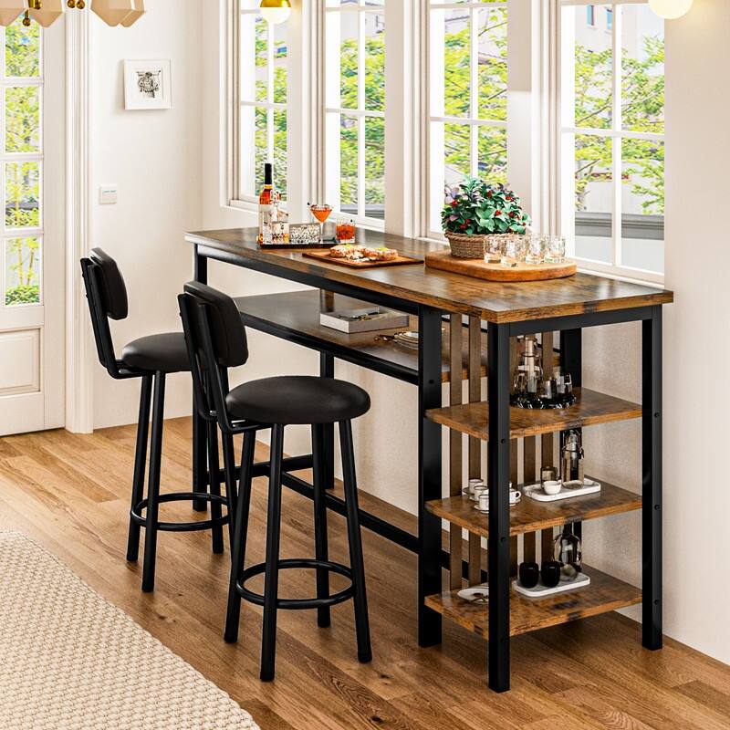 3-Piece Dining Room Table Set with 2 Upholstered Bar Stools, Modern Farmhouse Bar Table Set for 2 with Multiple Tier Shelves