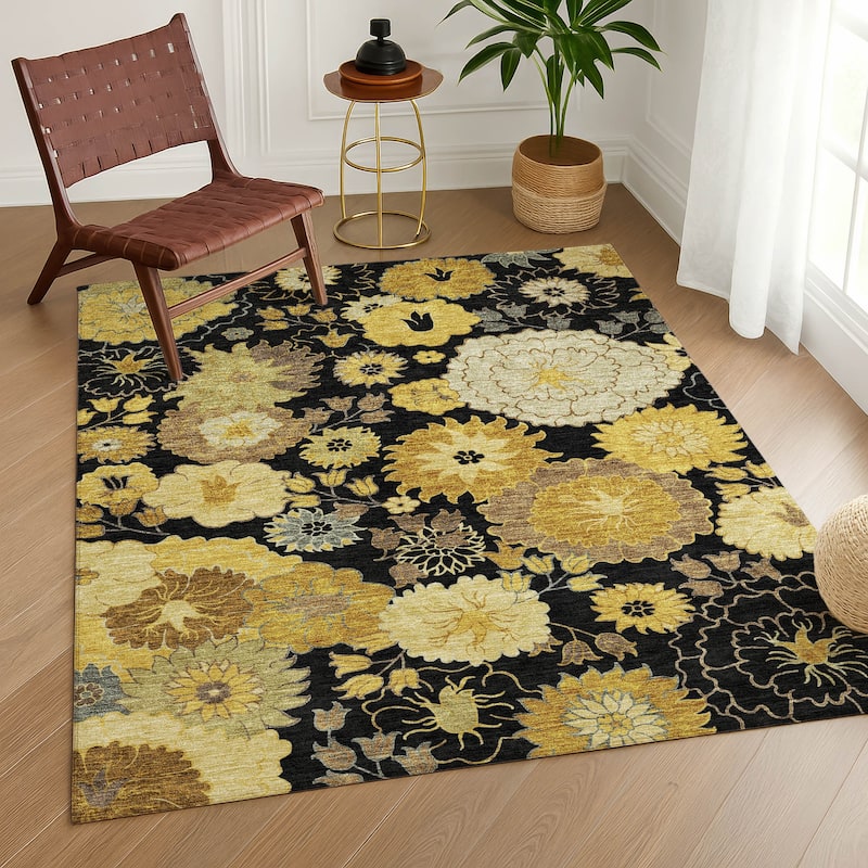 Machine Washable Indoor/ Outdoor Modern Floral Chantille Rug