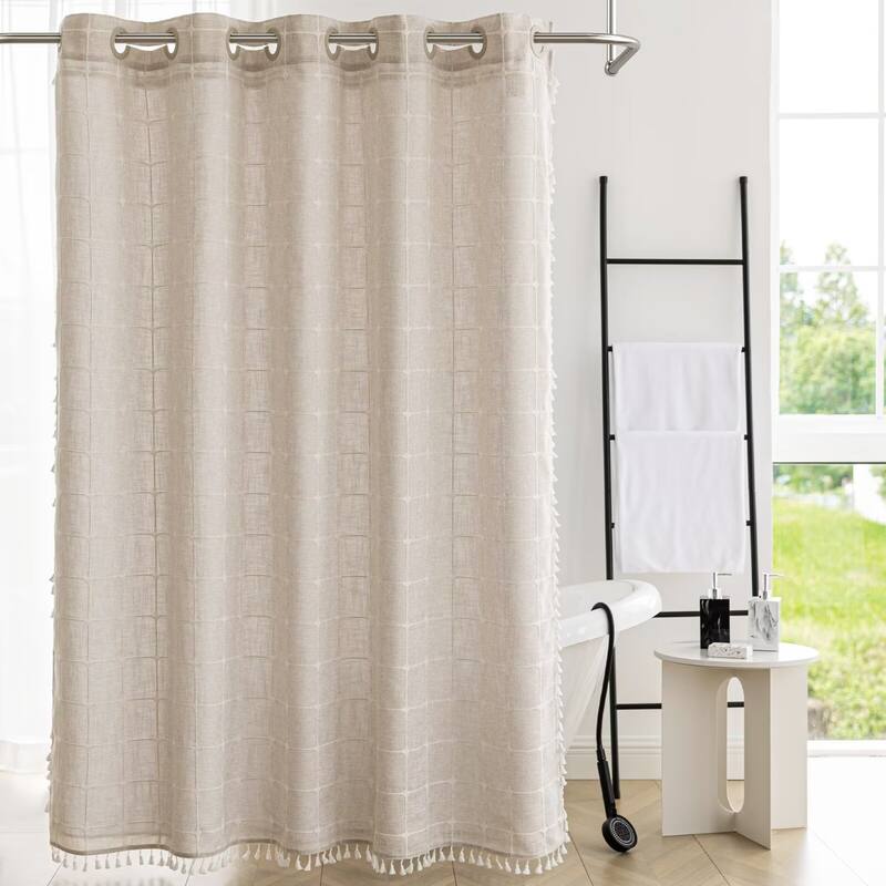 No Hooks Linen Textured Geometric Tassels Shower Curtain with Snap-in Liner